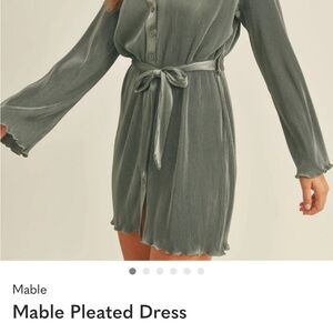 MARBLE Ribbed Pleated Shirt Dress in Sage Green